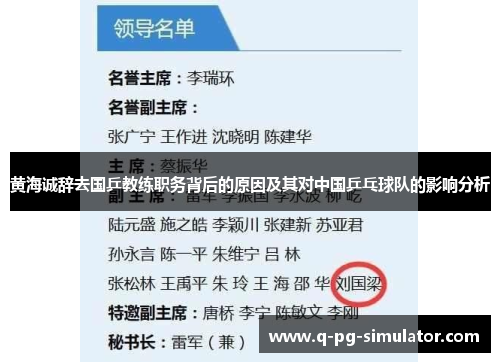 黄海诚辞去国乒教练职务背后的原因及其对中国乒乓球队的影响分析