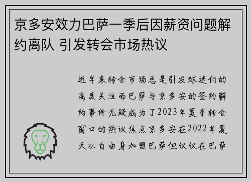 京多安效力巴萨一季后因薪资问题解约离队 引发转会市场热议